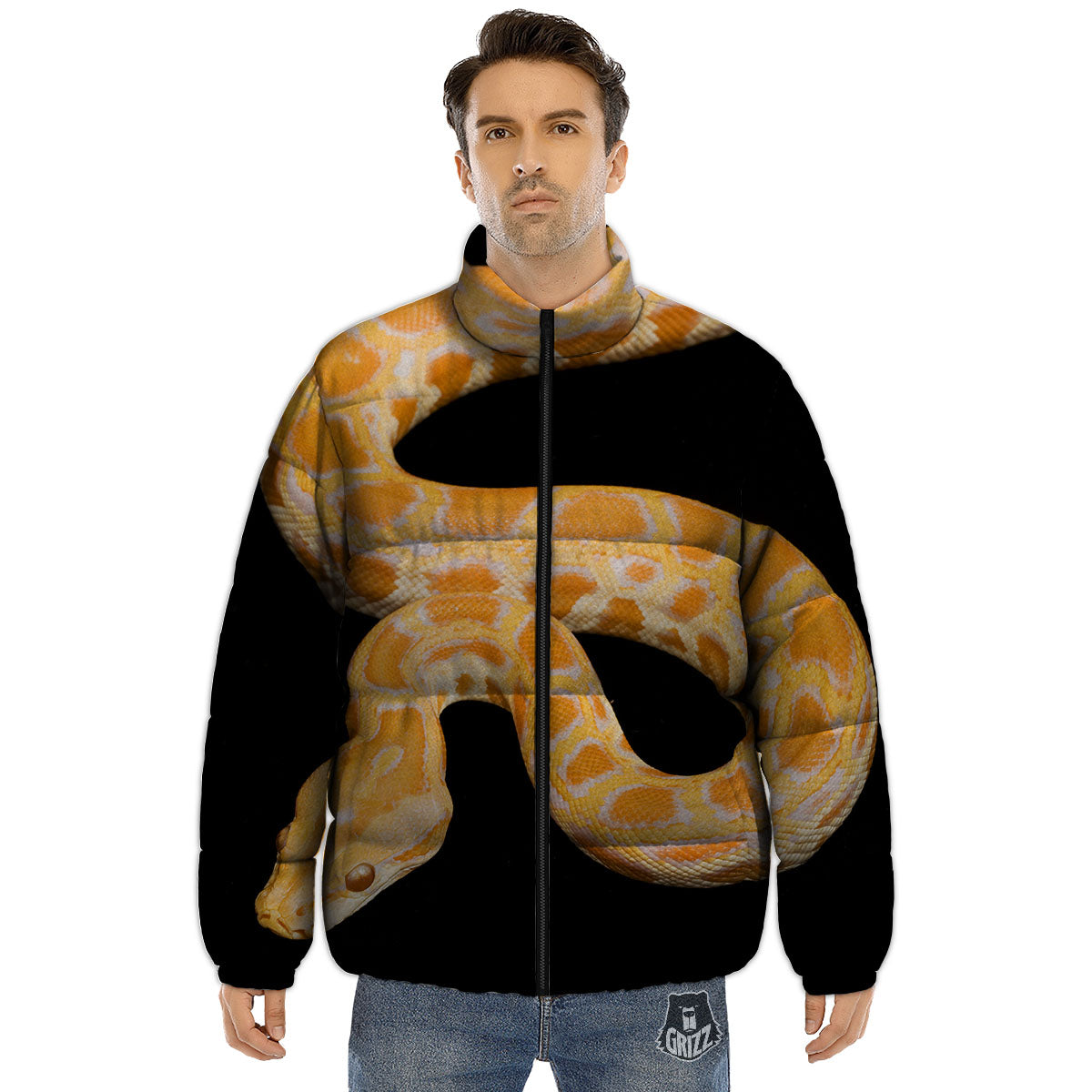 Snake Python Yellow Print Puffer Jacket-grizzshop