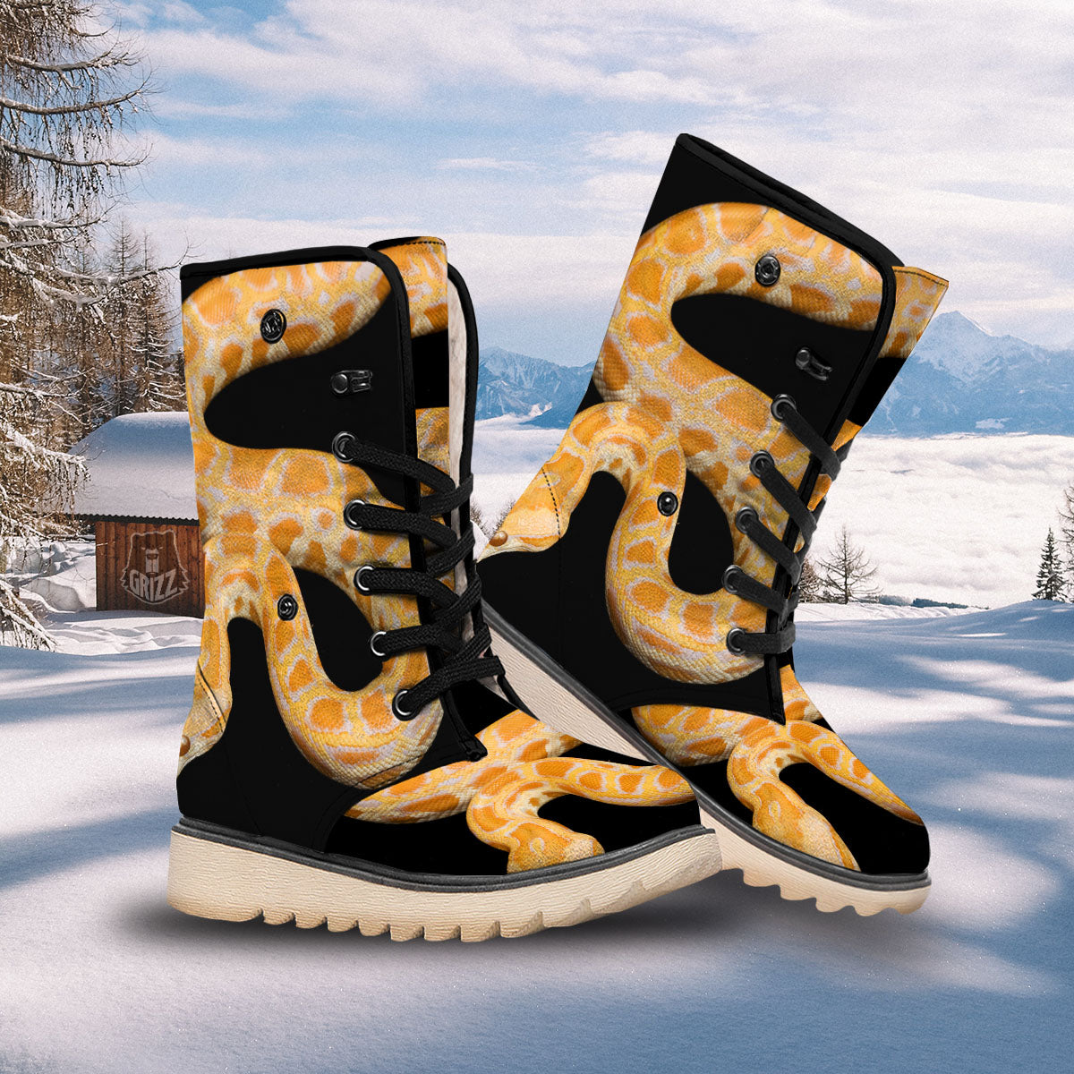 Snake Python Yellow Print Snow Boots-grizzshop