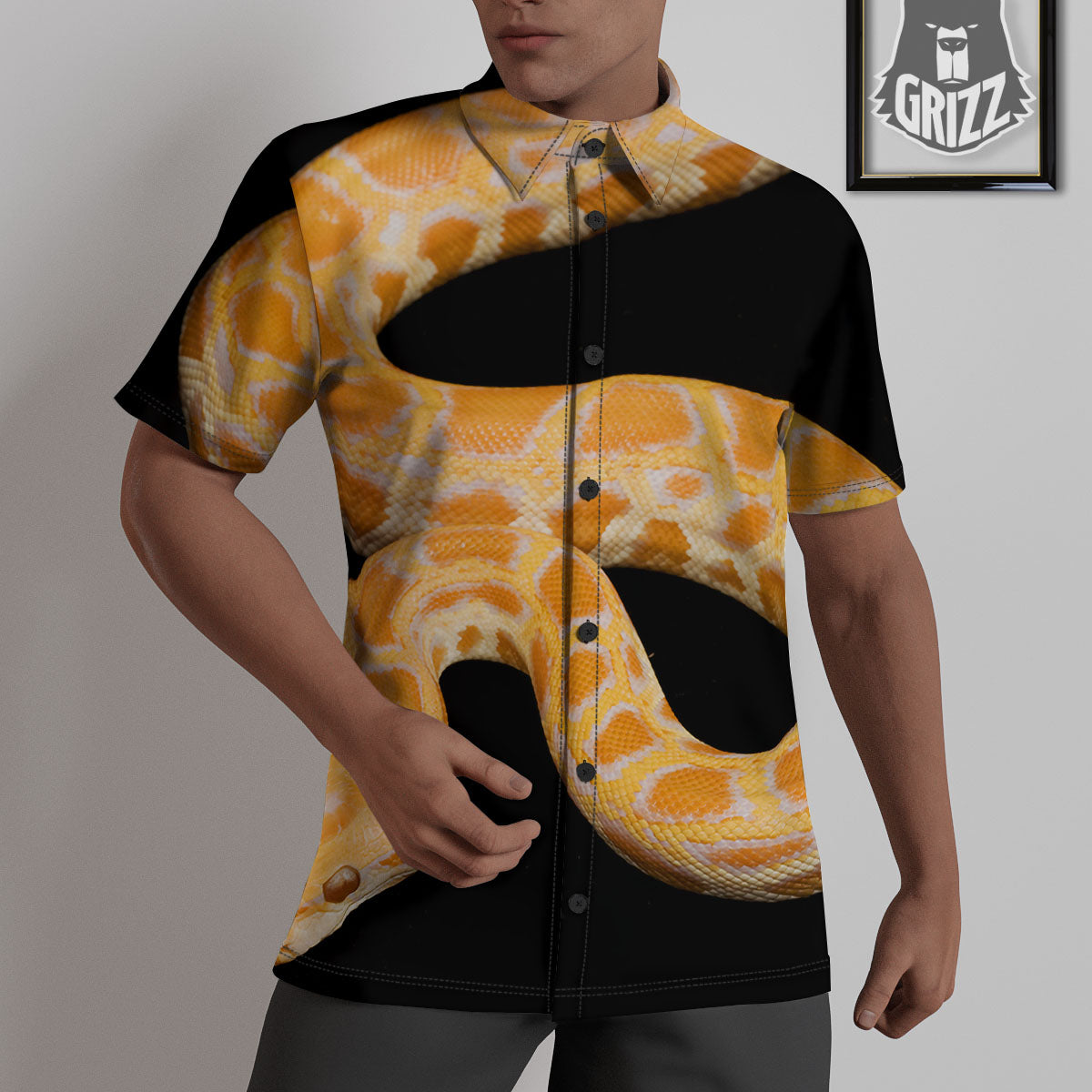 Snake Python Yellow Print Untucked Shirts-grizzshop