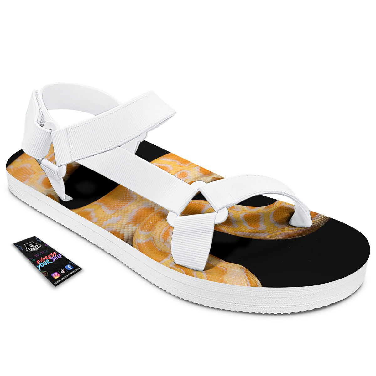 Snake Python Yellow Print White Open Toe Sandals-grizzshop