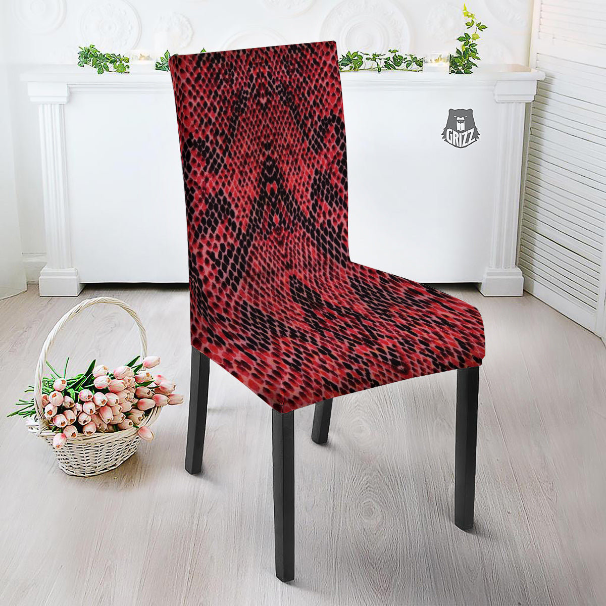 Snake Skin Black And Red Print Dining Chair Slipcover-grizzshop