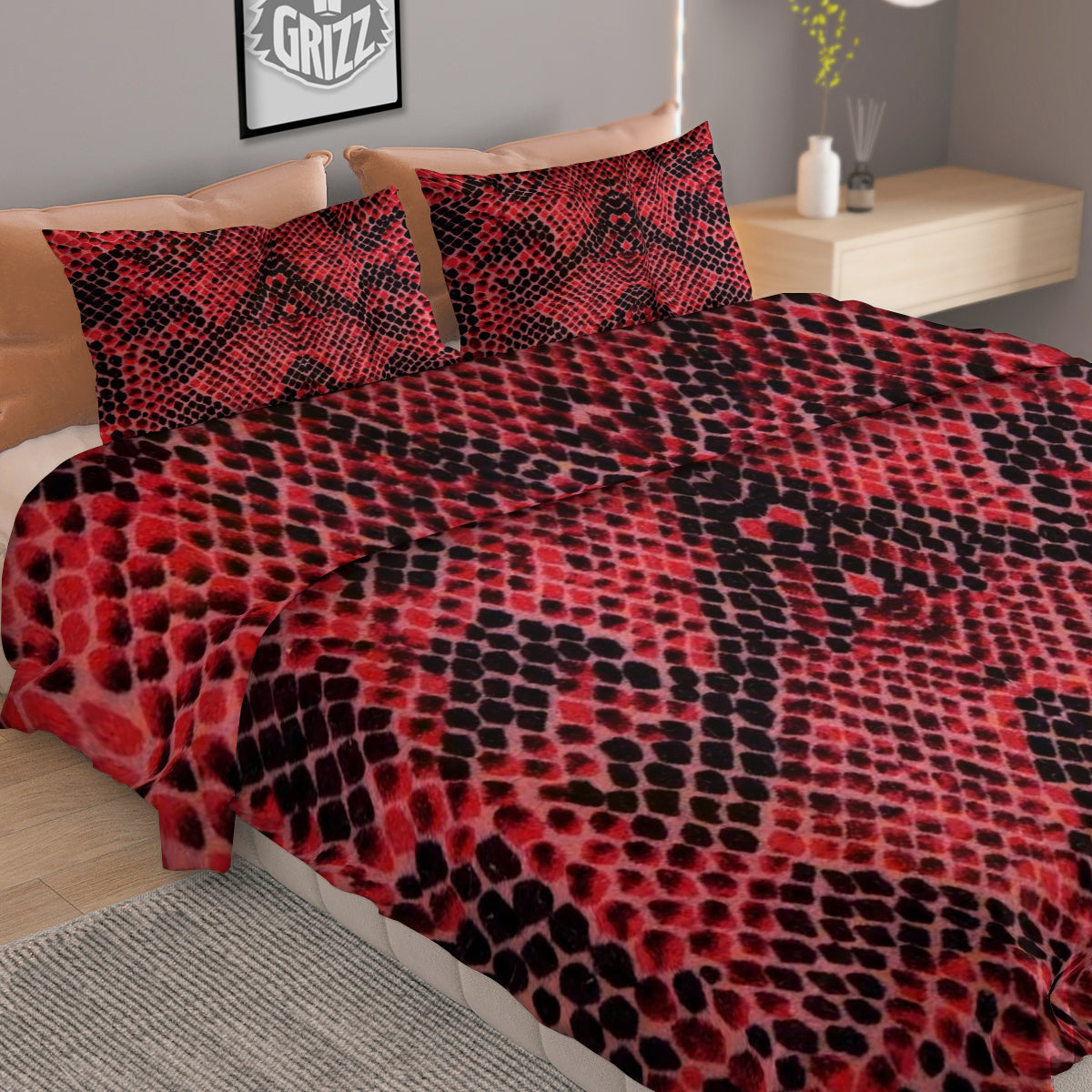 Snake Skin Black And Red Print Duvet Cover Bedding Set