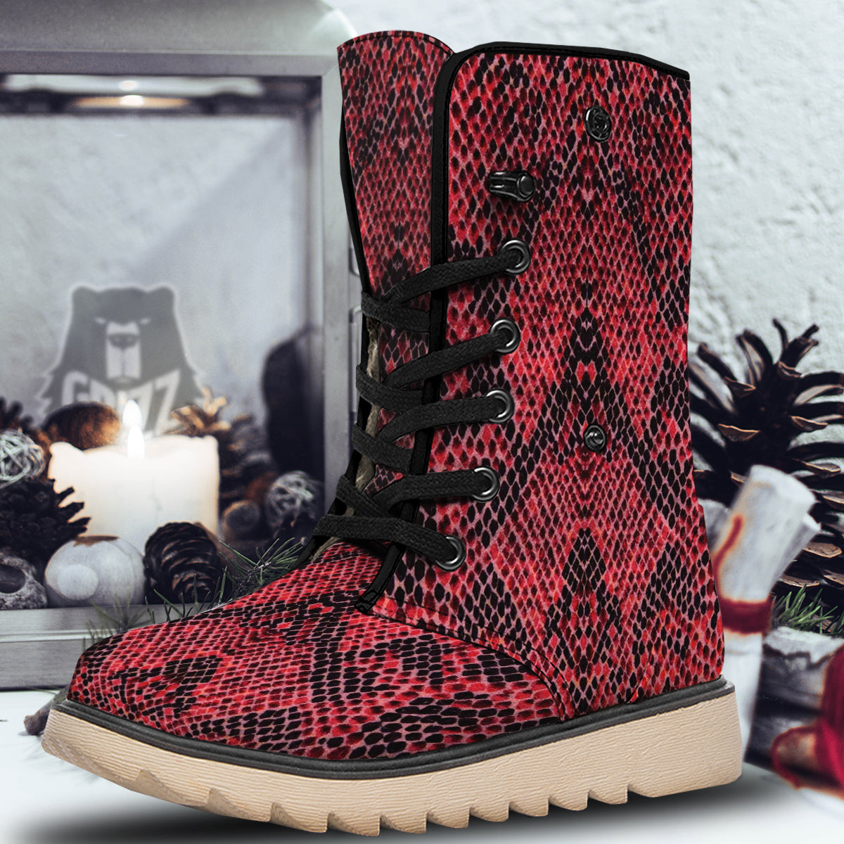 Snake Skin Black And Red Print Snow Boots-grizzshop