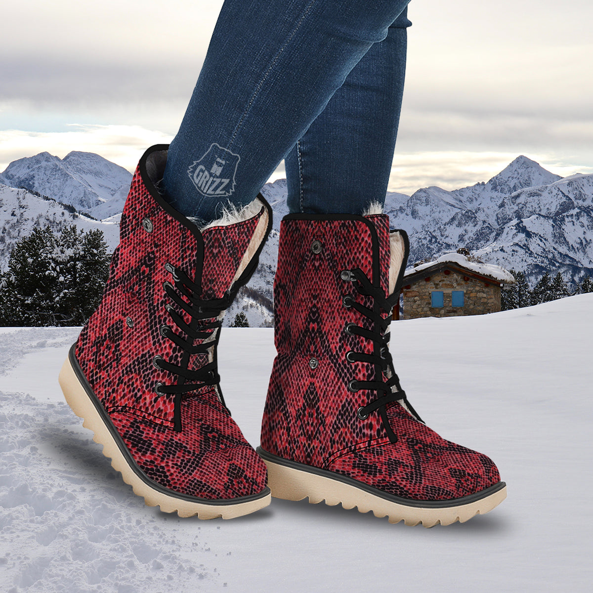 Snake Skin Black And Red Print Snow Boots-grizzshop