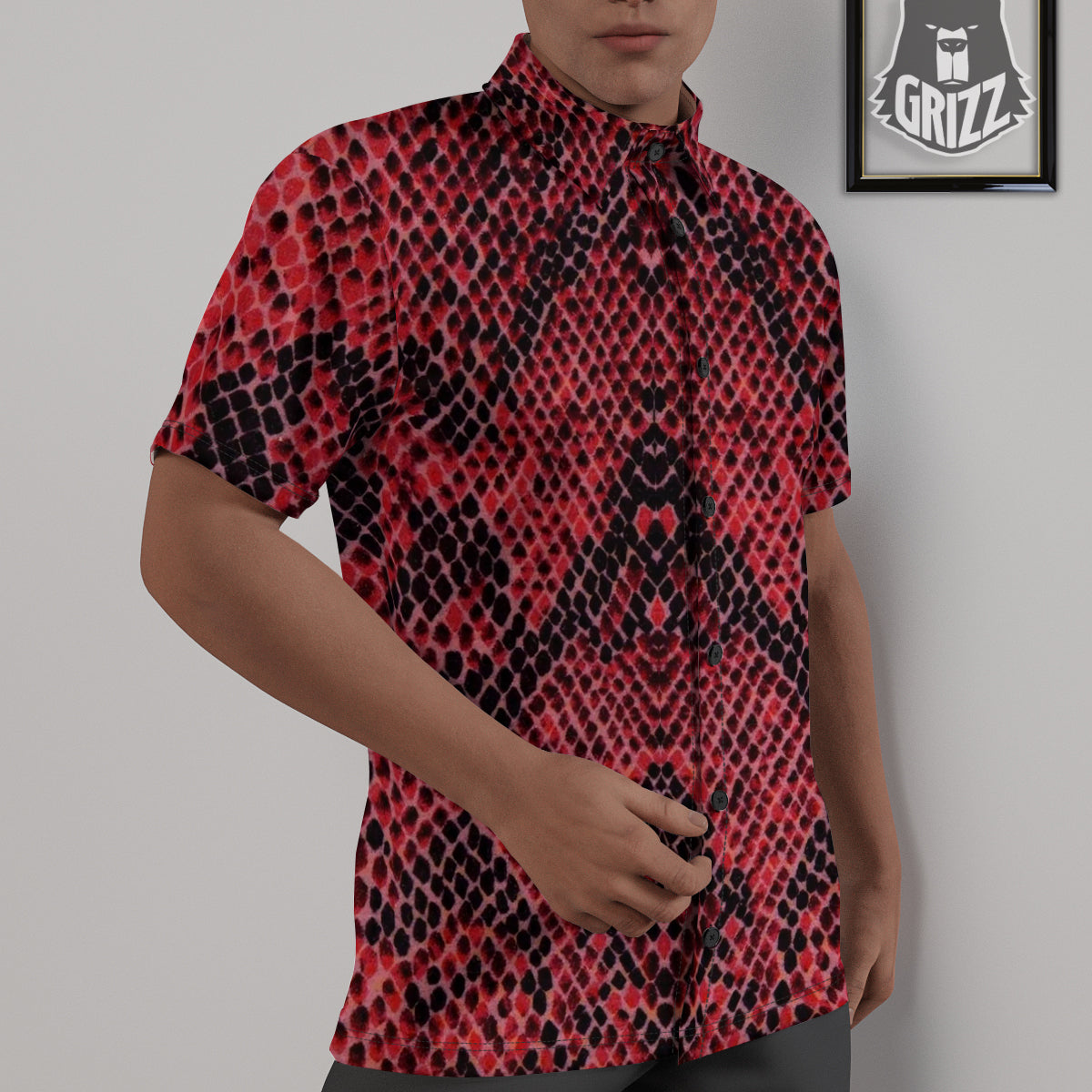 Snake Skin Black And Red Print Untucked Shirts-grizzshop