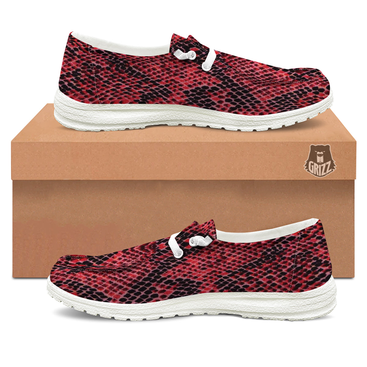 Snake Skin Black And Red Print White Loafers-grizzshop