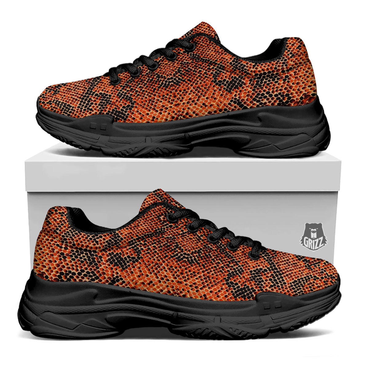 Snake Skin Black Orange Print Black Chunky Shoes-grizzshop