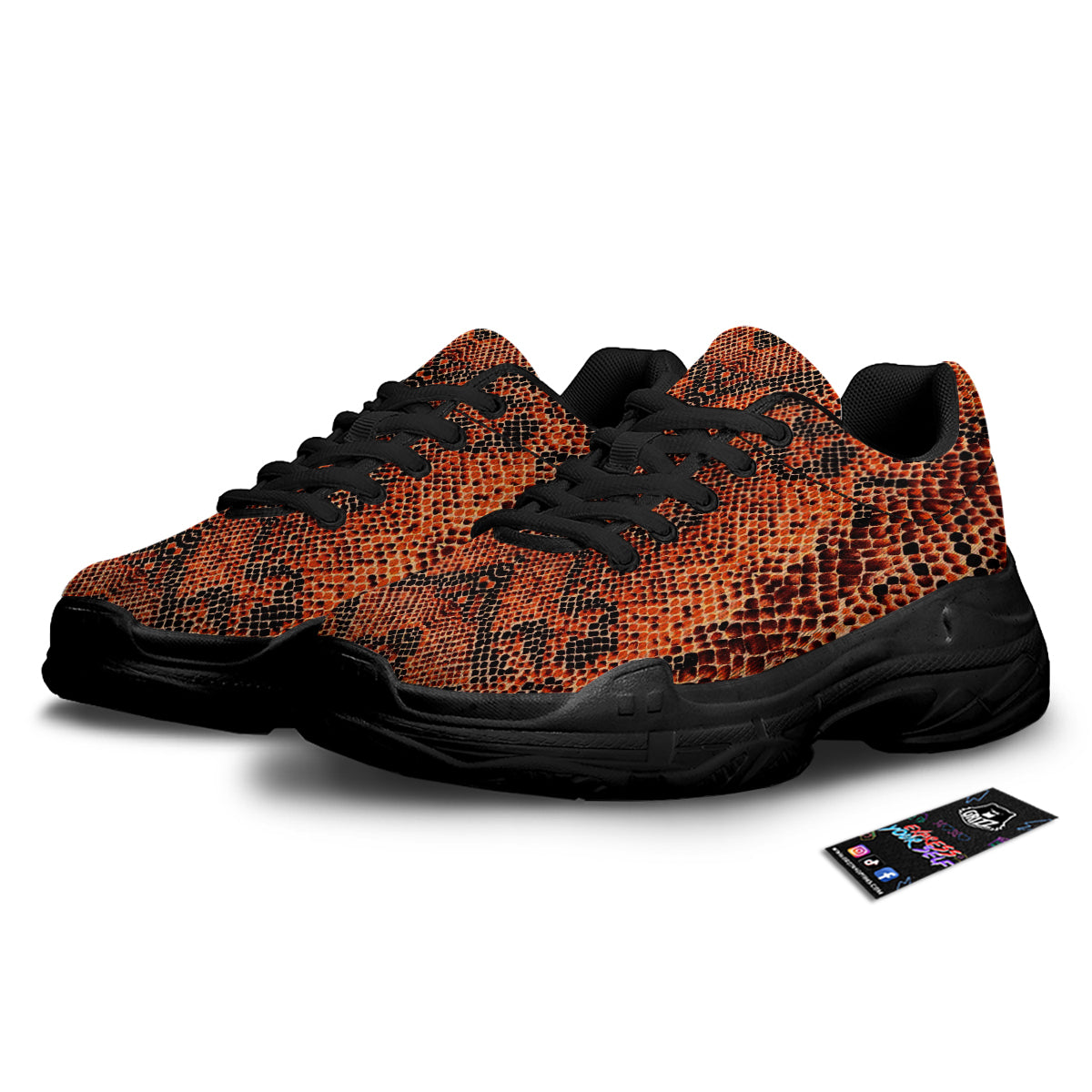Snake Skin Black Orange Print Black Chunky Shoes-grizzshop