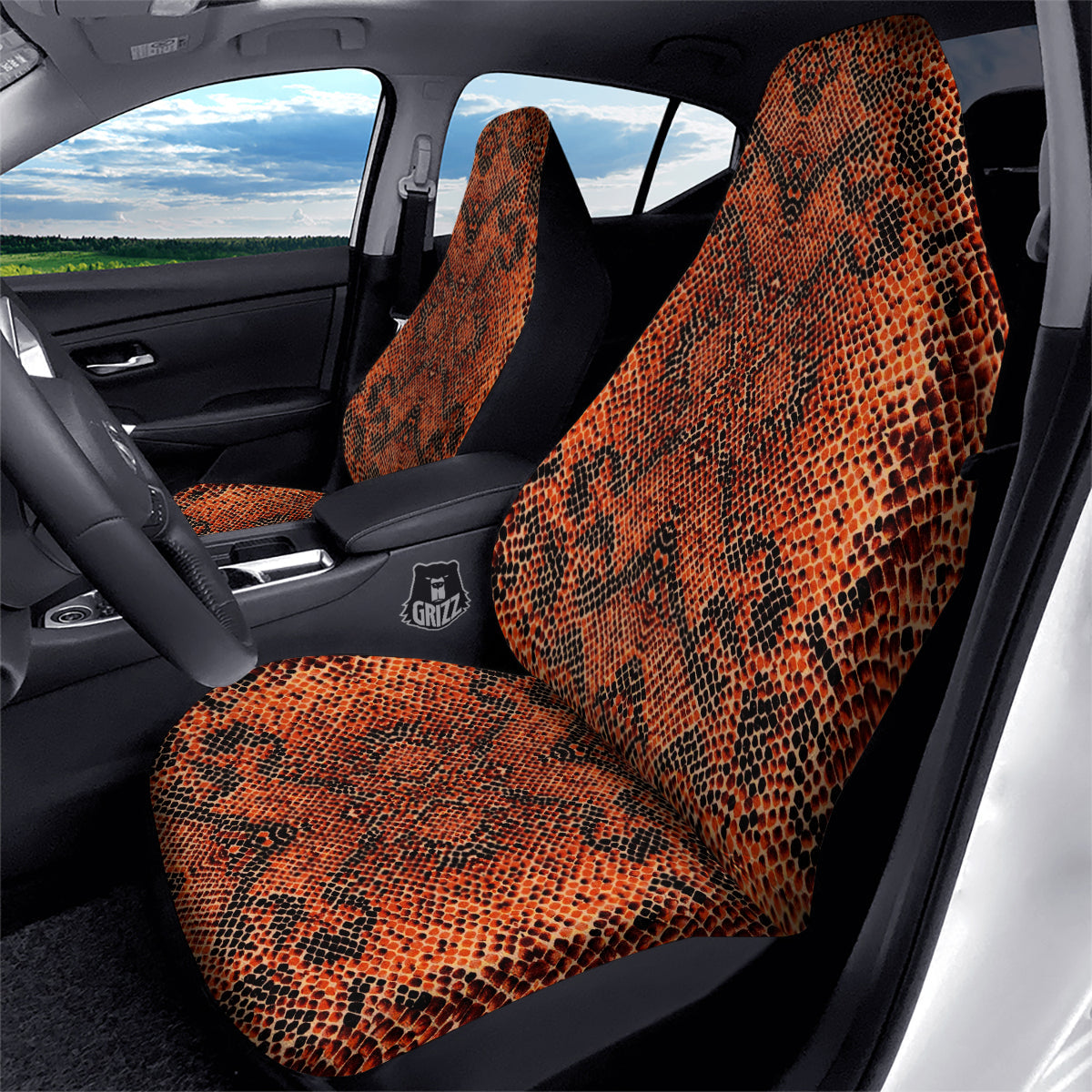 Snake Skin Black Orange Print Car Seat Covers-grizzshop