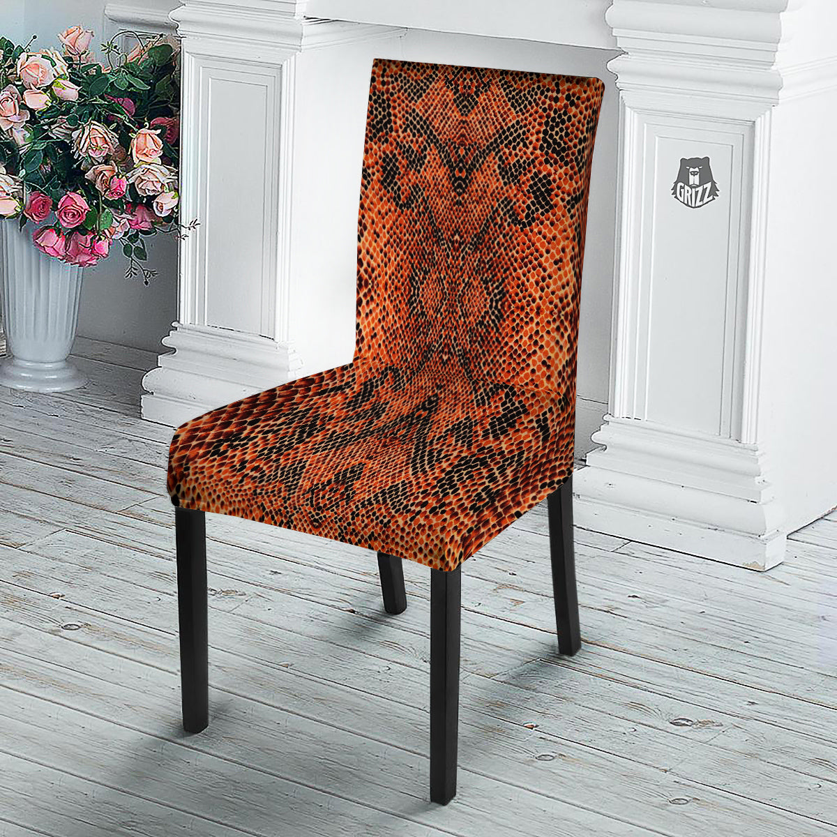 Snake Skin Black Orange Print Dining Chair Slipcover-grizzshop