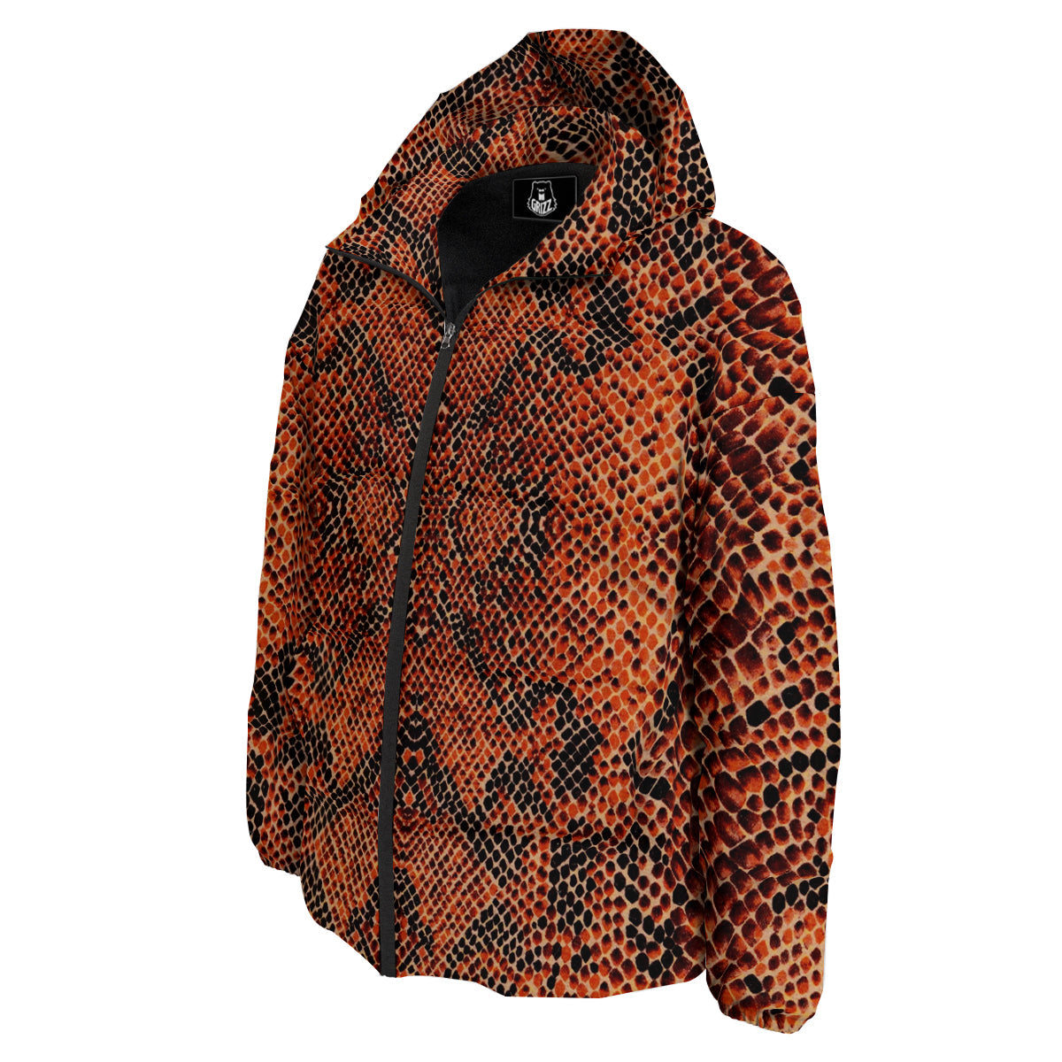 Snake Skin Black Orange Print Down Jacket-grizzshop