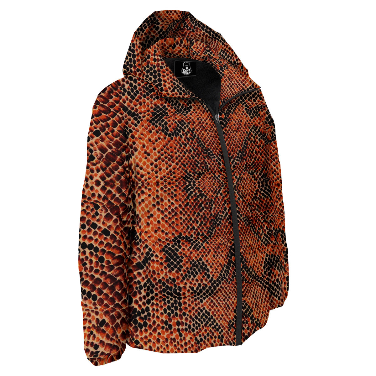 Snake Skin Black Orange Print Down Jacket-grizzshop