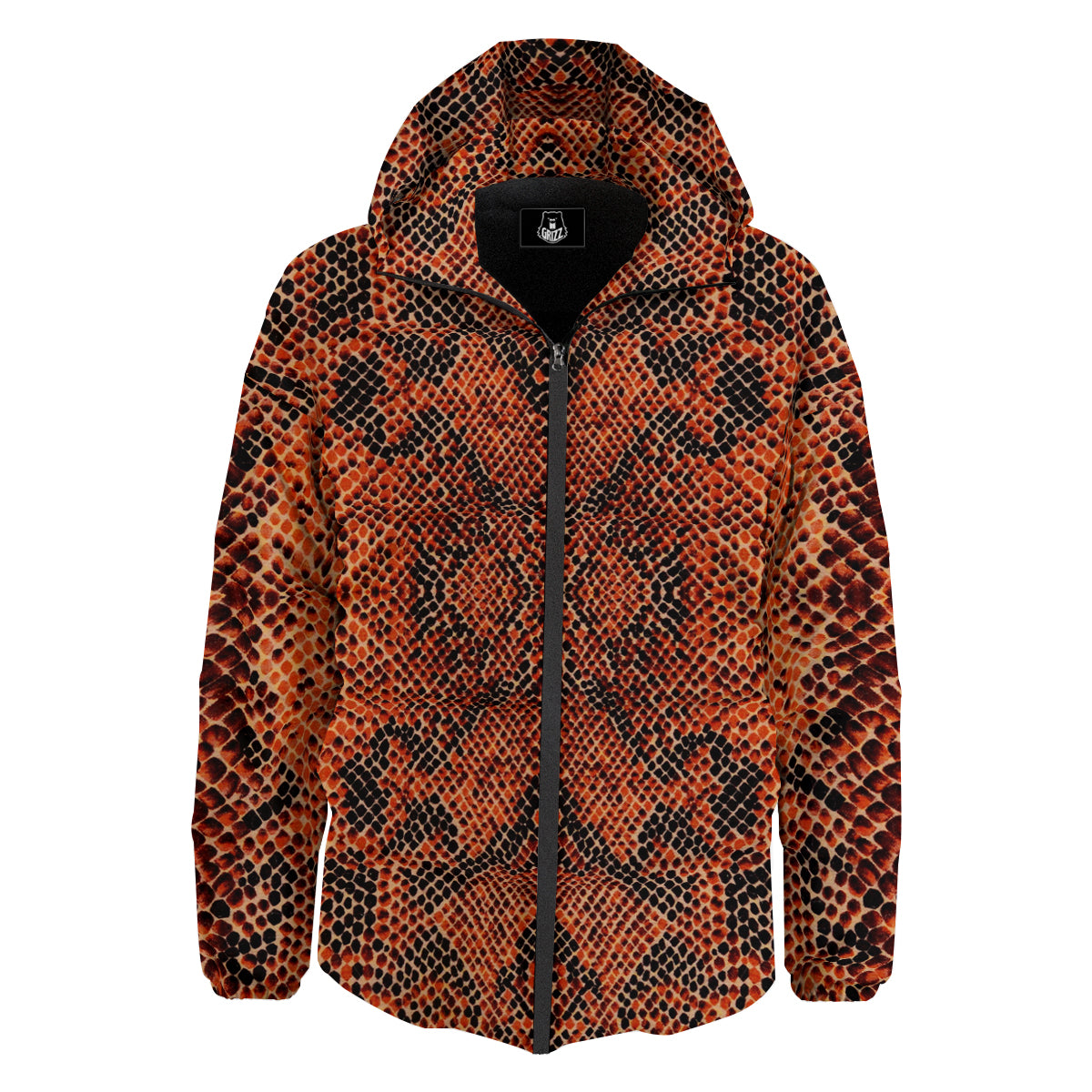 Snake Skin Black Orange Print Down Jacket-grizzshop