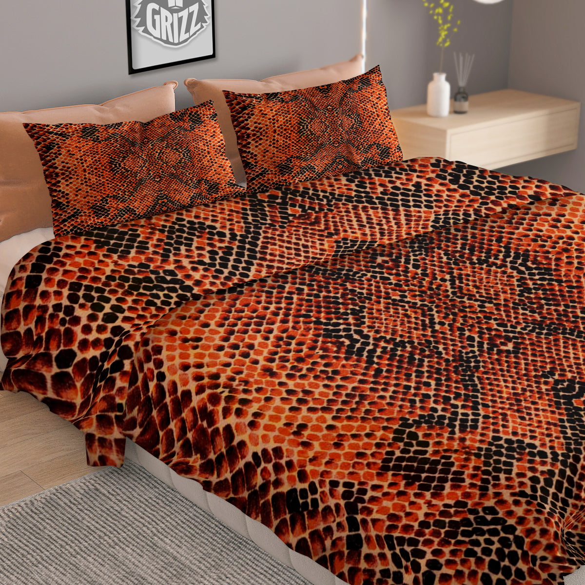 Snake Skin Black Orange Print Duvet Cover Bedding Set