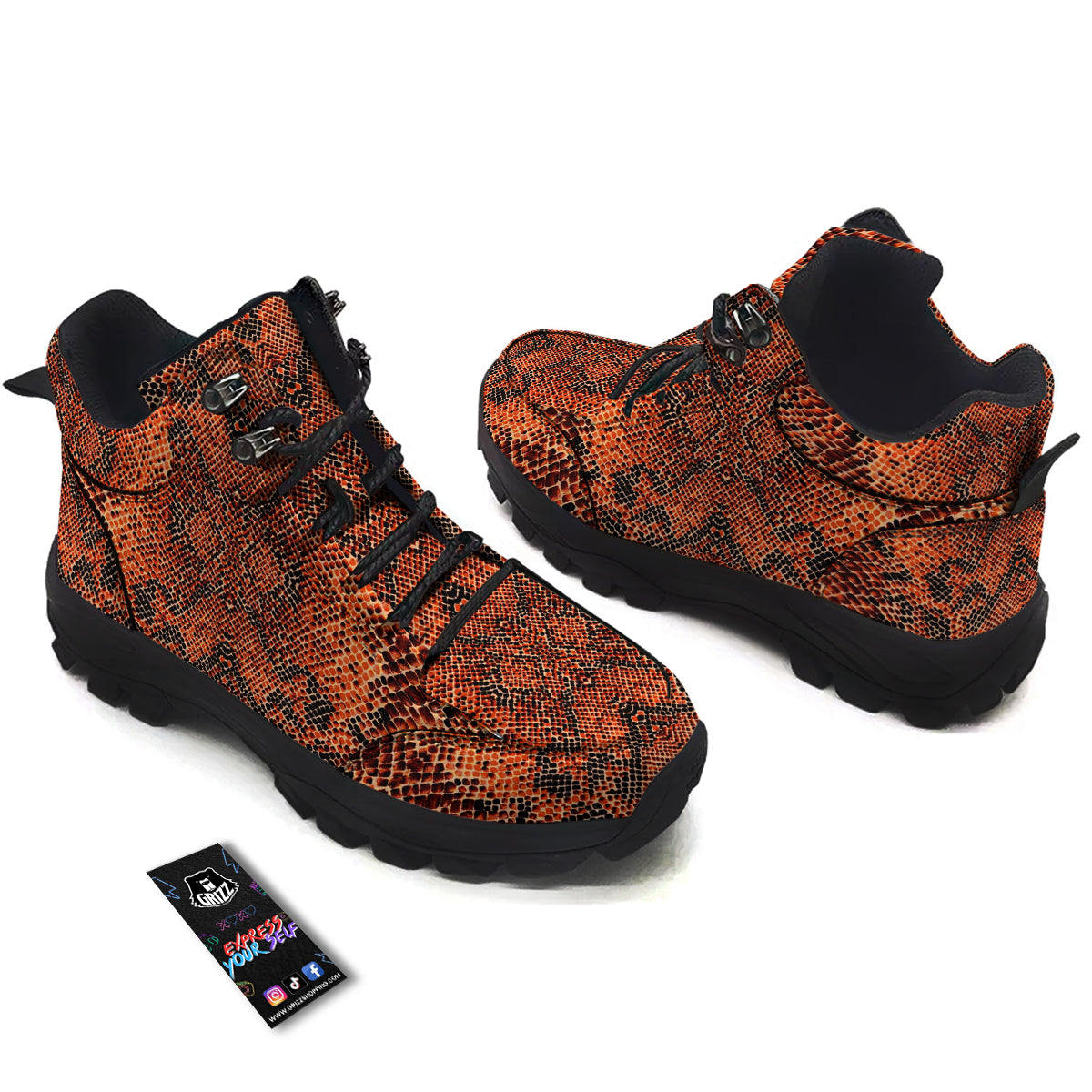 Snake Skin Black Orange Print Hiking Shoes-grizzshop