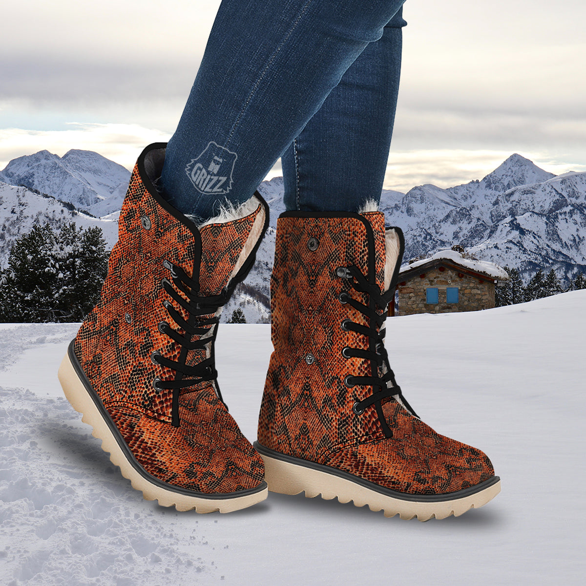 Snake Skin Black Orange Print Snow Boots-grizzshop