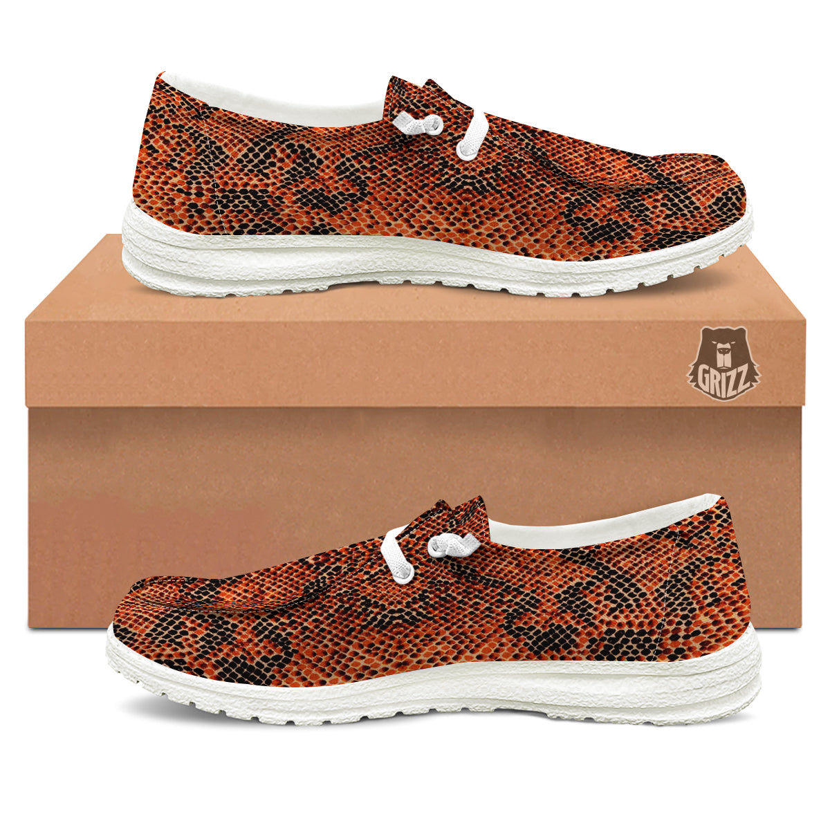 Snake Skin Black Orange Print White Loafers-grizzshop