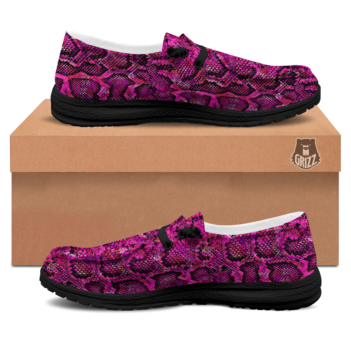 Snake Skin Black Pink Print Black Loafers-grizzshop
