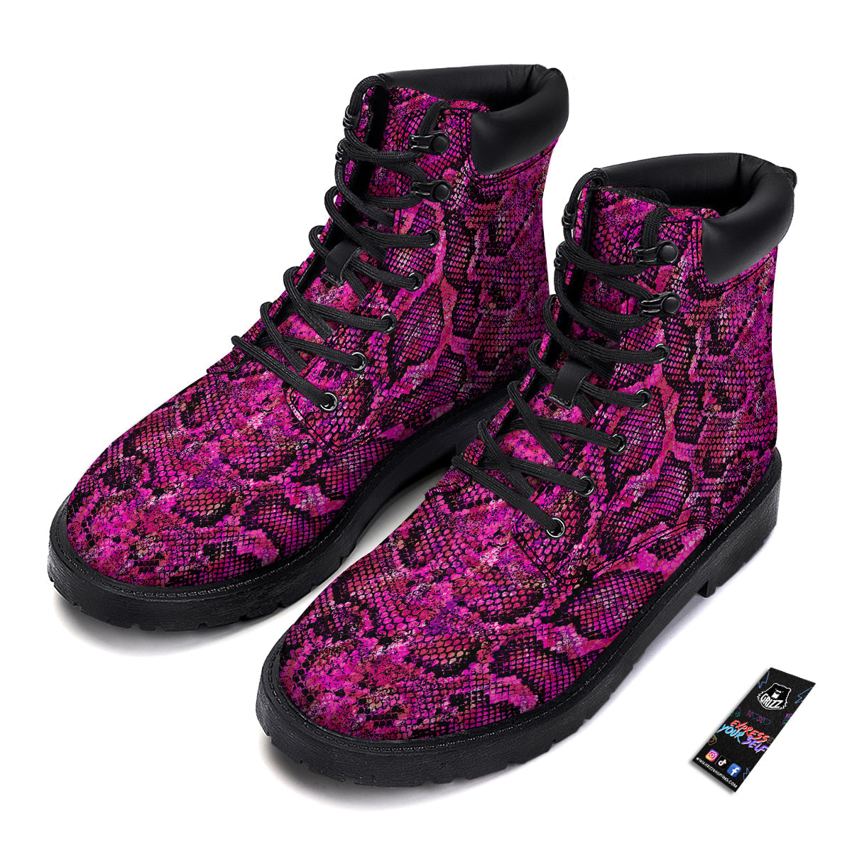 Snake Skin Black Pink Print Boots-grizzshop