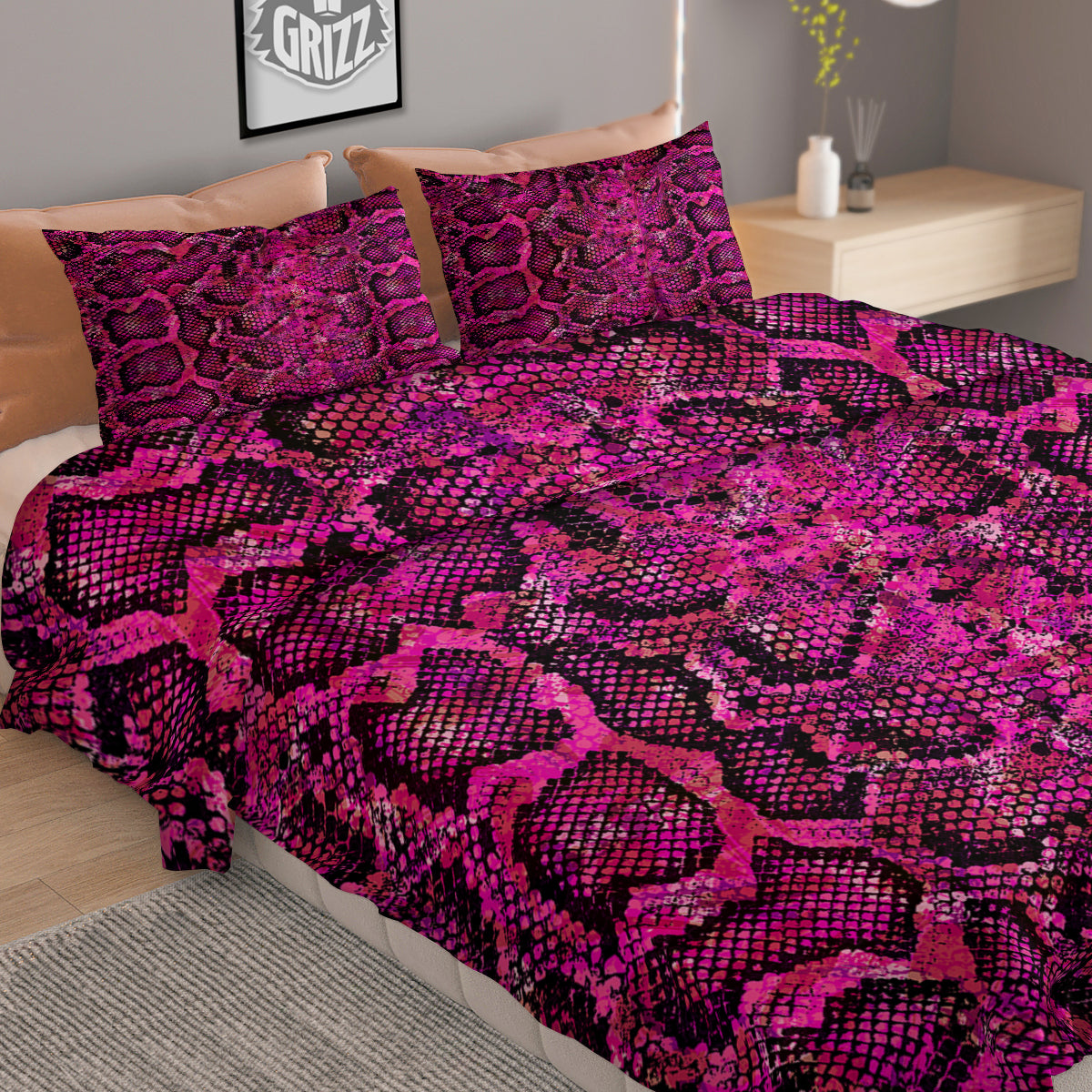 Snake Skin Black Pink Print Duvet Cover Bedding Set