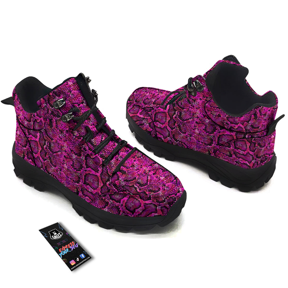 Snake Skin Black Pink Print Hiking Shoes-grizzshop