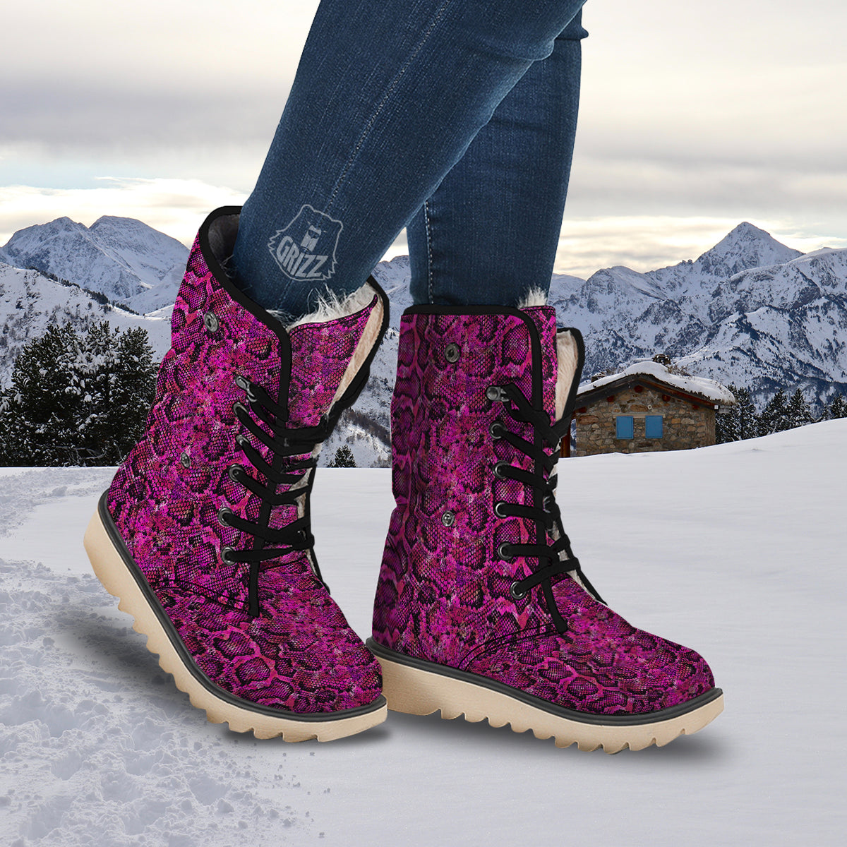 Snake Skin Black Pink Print Snow Boots-grizzshop