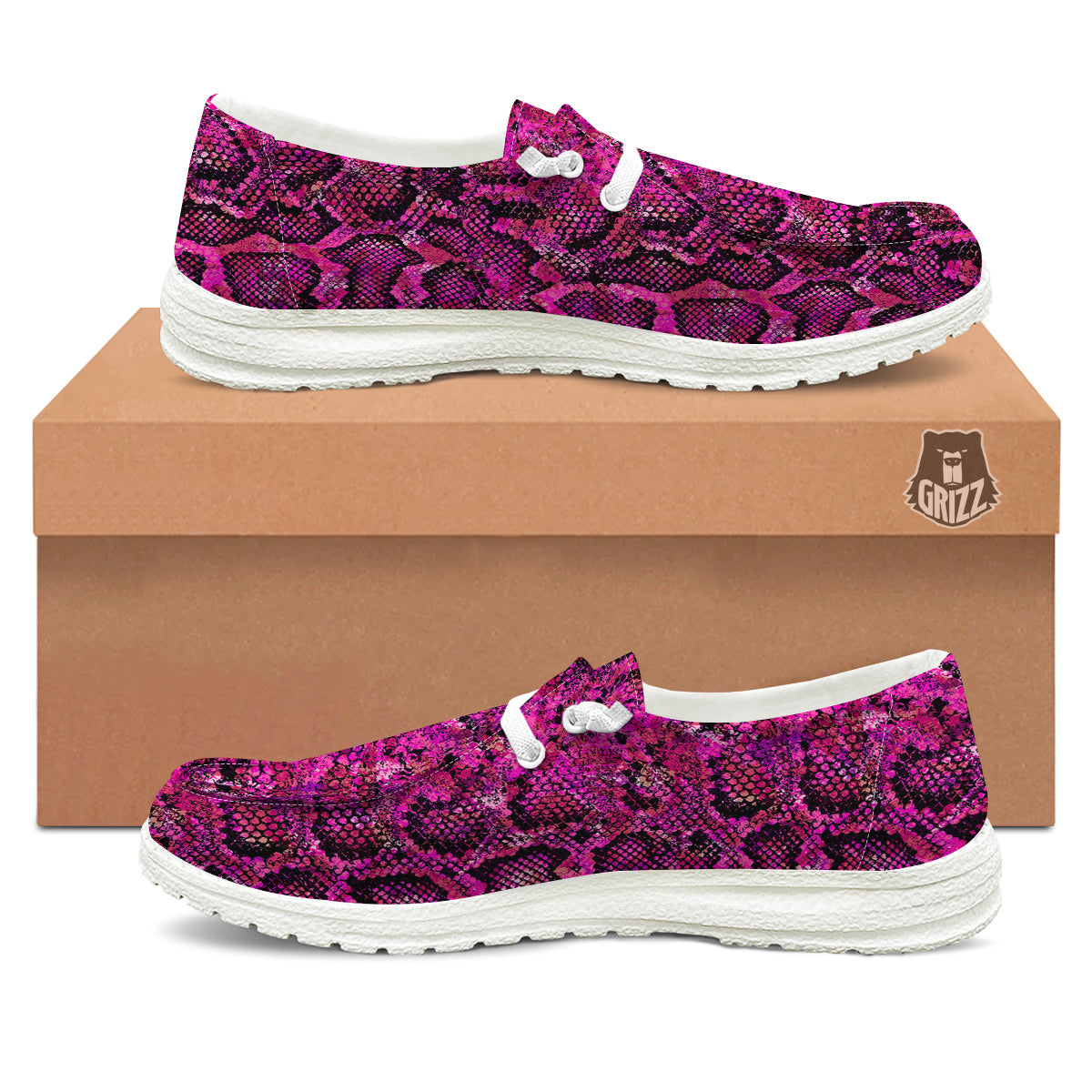Snake Skin Black Pink Print White Loafers-grizzshop