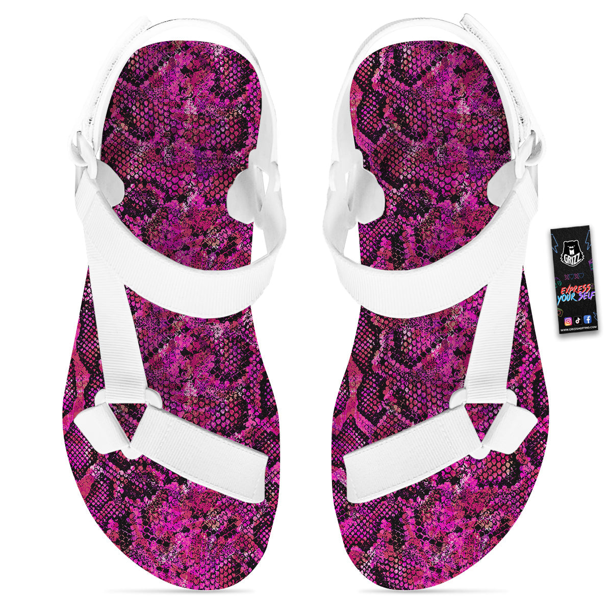Snake Skin Black Pink Print White Open Toe Sandals-grizzshop