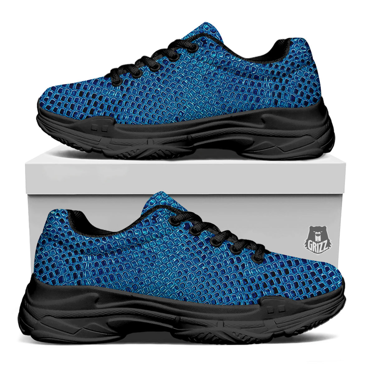 Snake Skin Blue Print Black Chunky Shoes-grizzshop