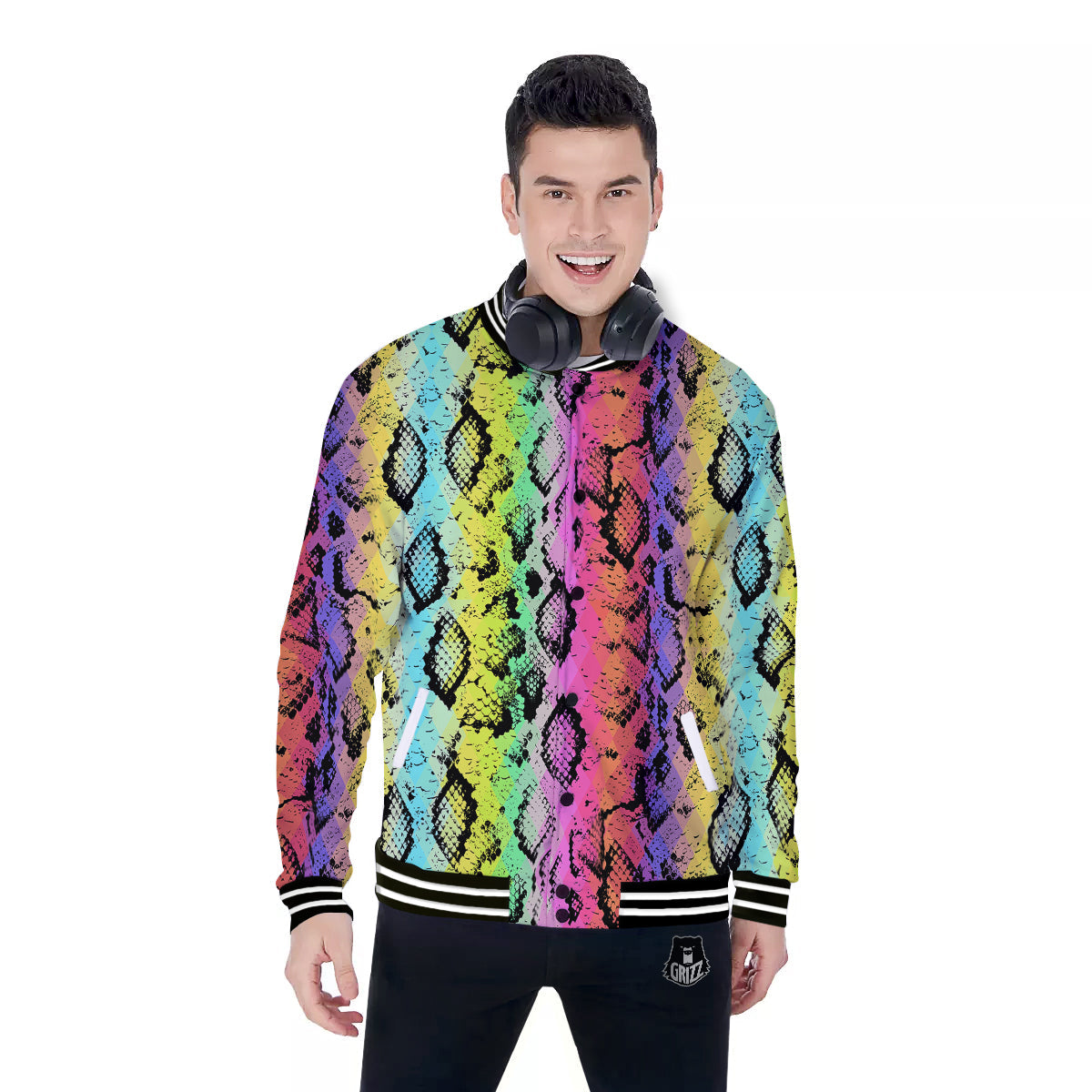 Snake Skin Psychedelic Print Baseball Jacket-grizzshop