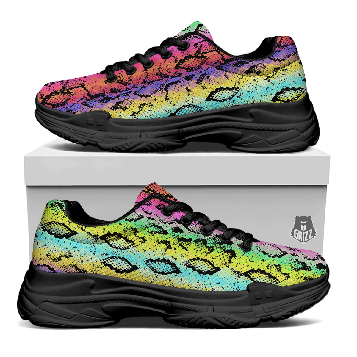 Snake Skin Psychedelic Print Black Chunky Shoes-grizzshop