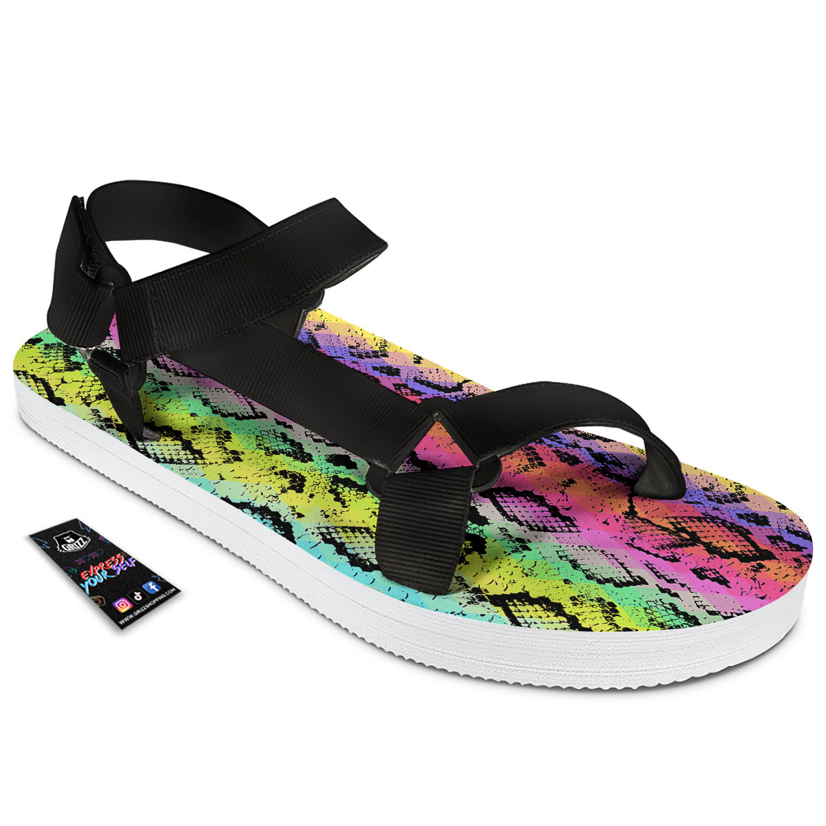 Snake Skin Psychedelic Print Black Open Toe Sandals-grizzshop