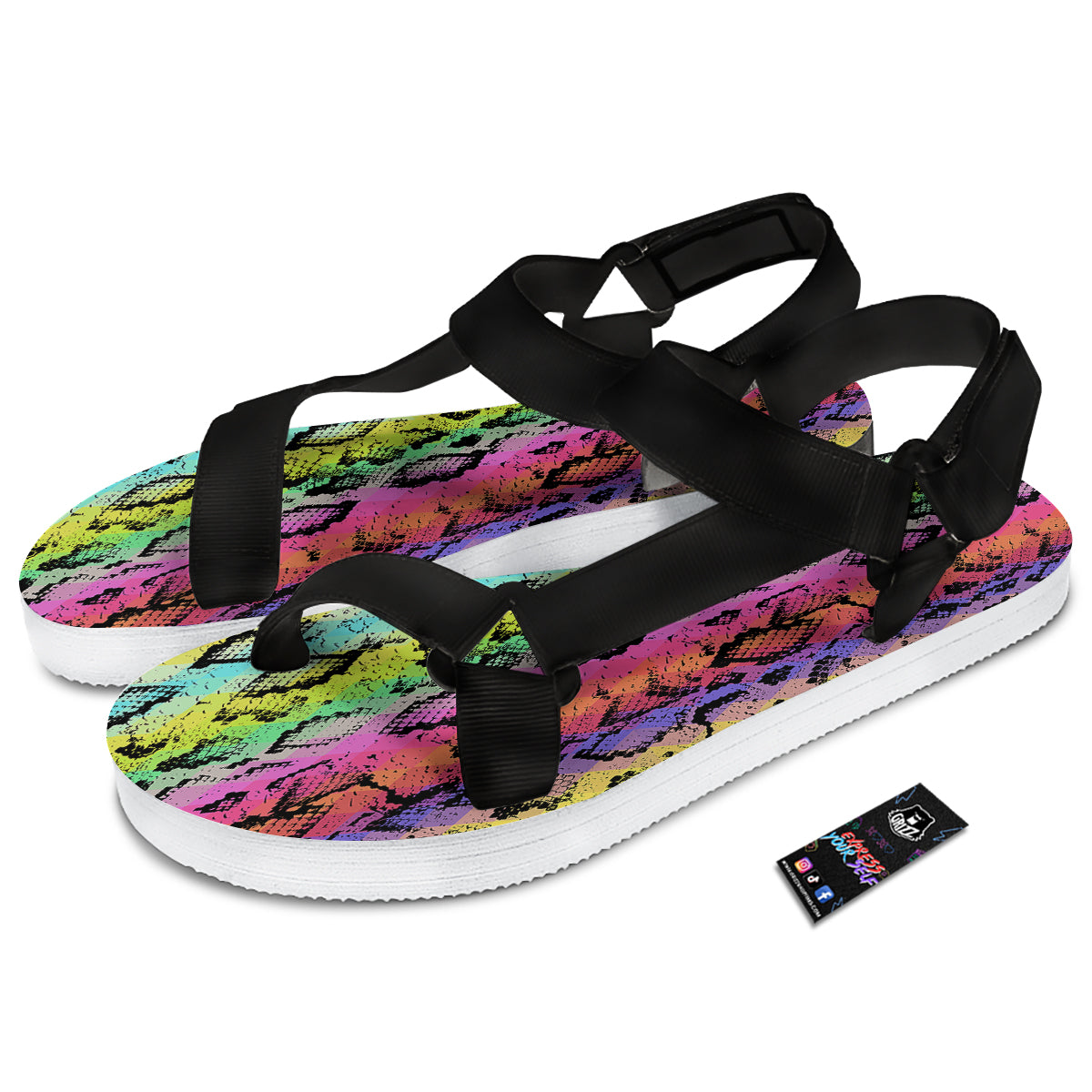 Snake Skin Psychedelic Print Black Open Toe Sandals-grizzshop