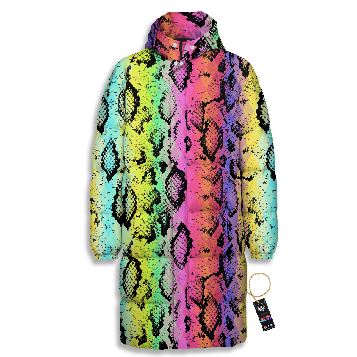 Snake Skin Psychedelic Print Long Down Jacket-grizzshop