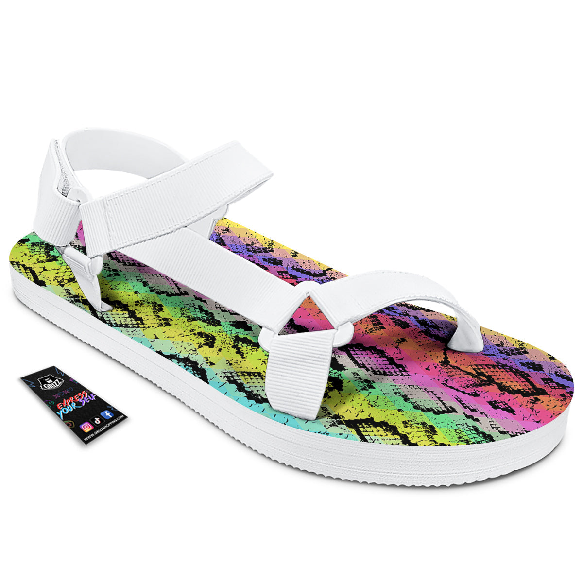 Snake Skin Psychedelic Print White Open Toe Sandals-grizzshop
