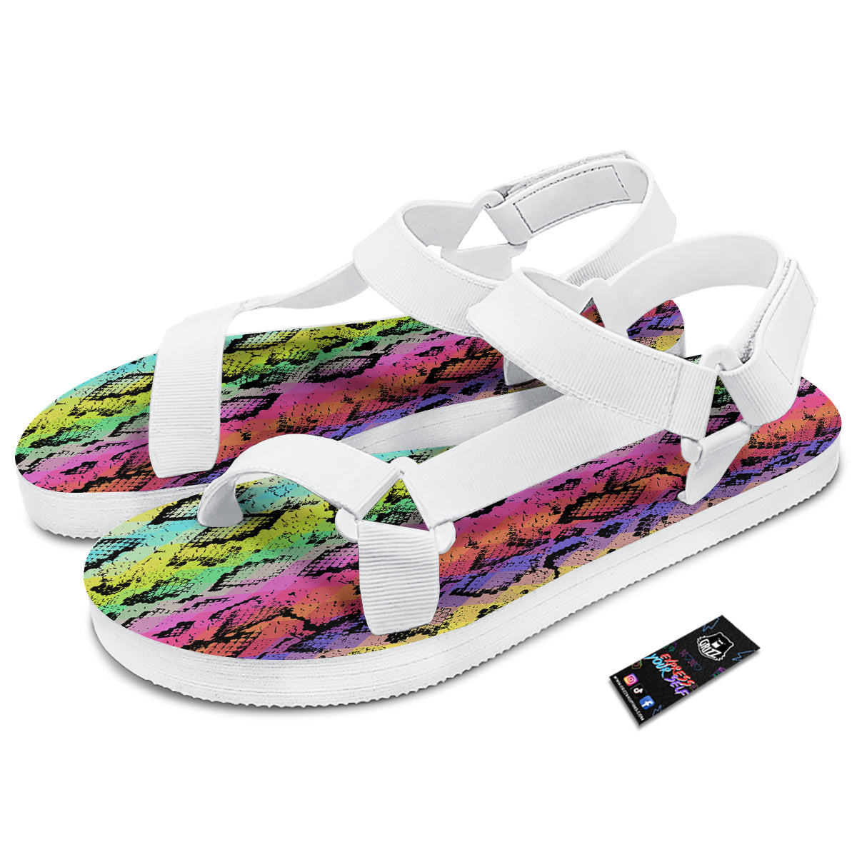 Snake Skin Psychedelic Print White Open Toe Sandals-grizzshop