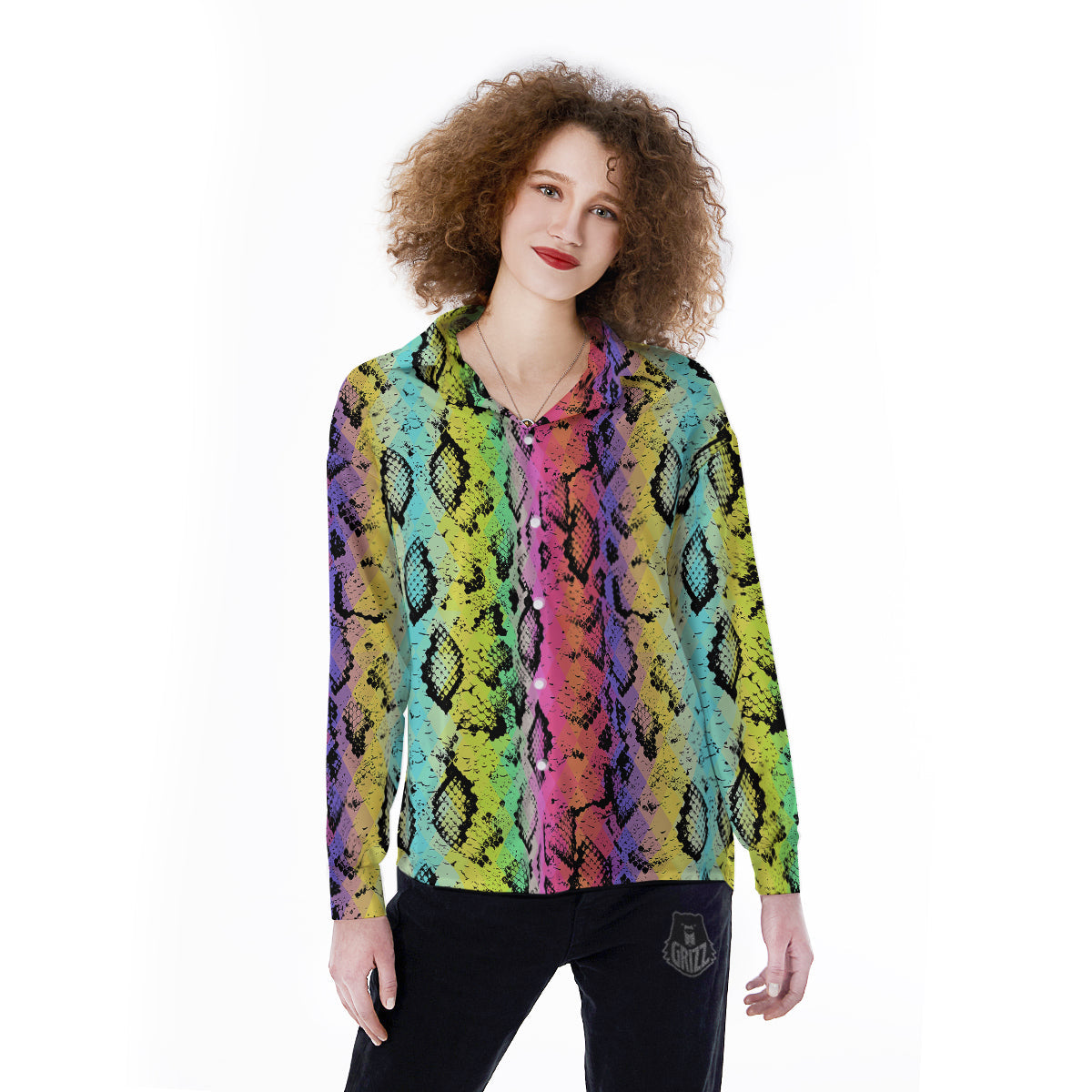 Snake Skin Psychedelic Print Women's Long Sleeve Shirts-grizzshop