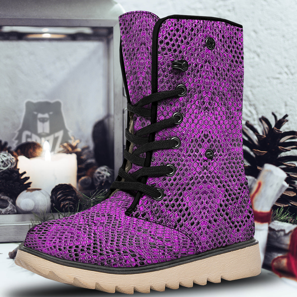 Snake Skin Purple Print Snow Boots-grizzshop