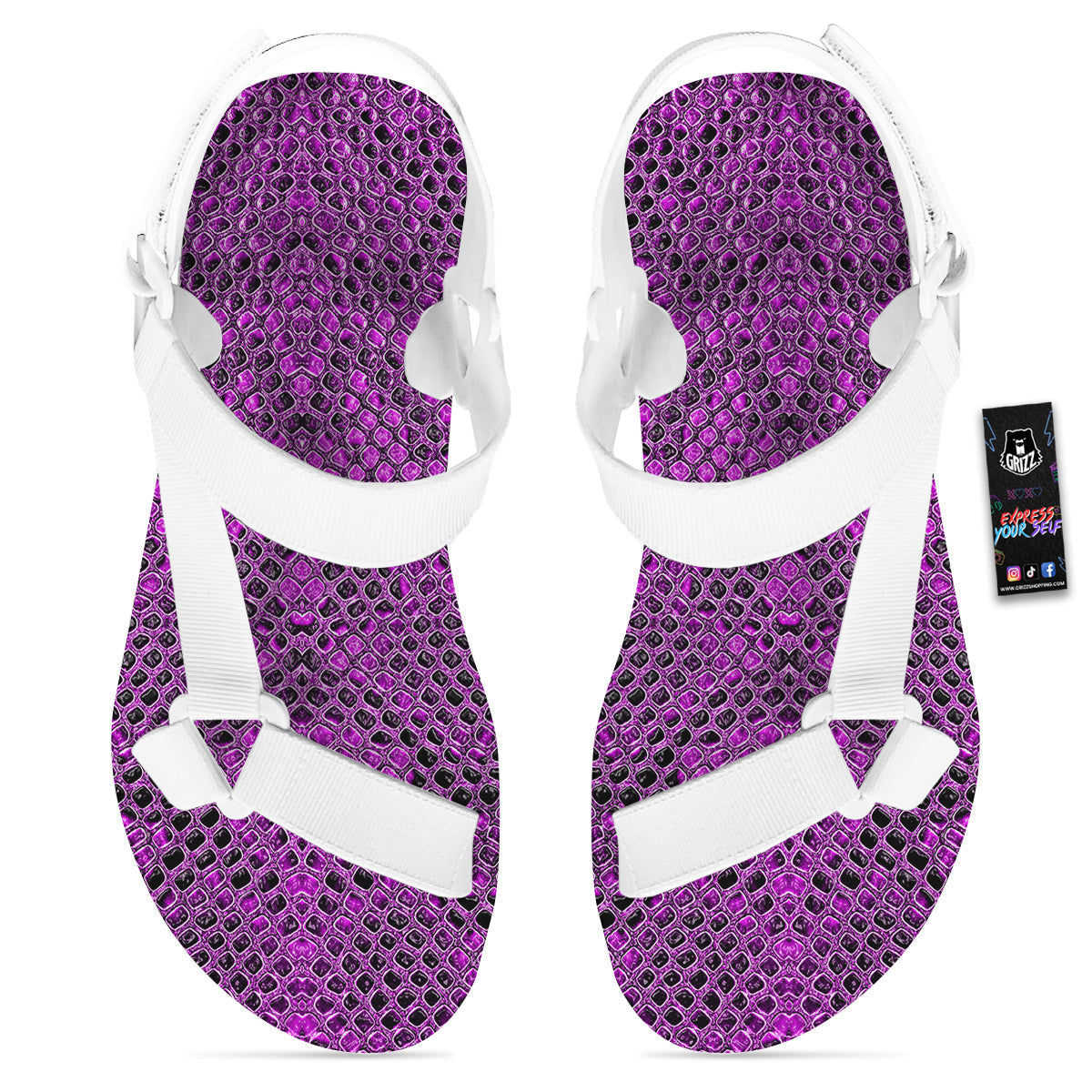 Snake Skin Purple Print White Open Toe Sandals-grizzshop