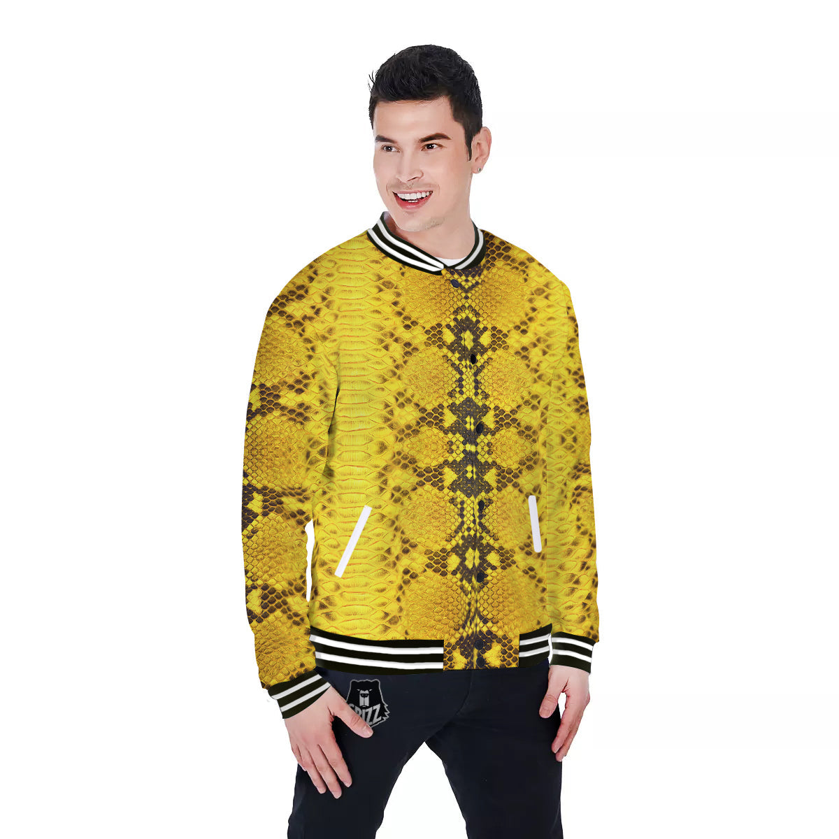 Snake Skin Yellow Print Baseball Jacket-grizzshop