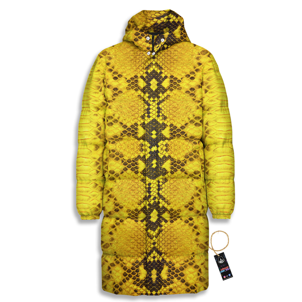 Snake Skin Yellow Print Long Down Jacket-grizzshop