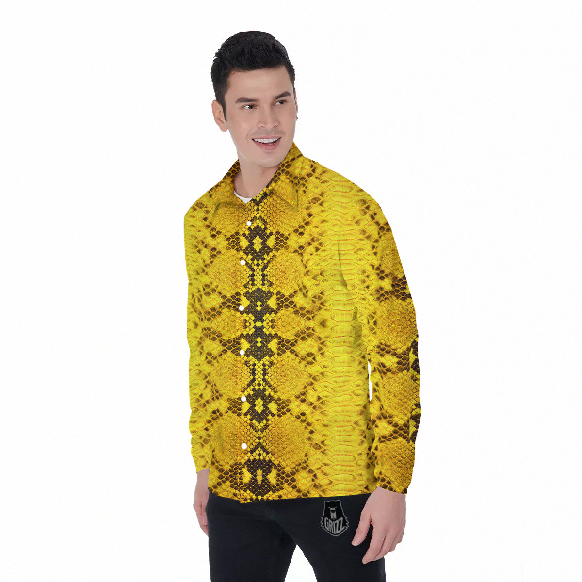Snake Skin Yellow Print Men's Long Sleeve Shirts-grizzshop