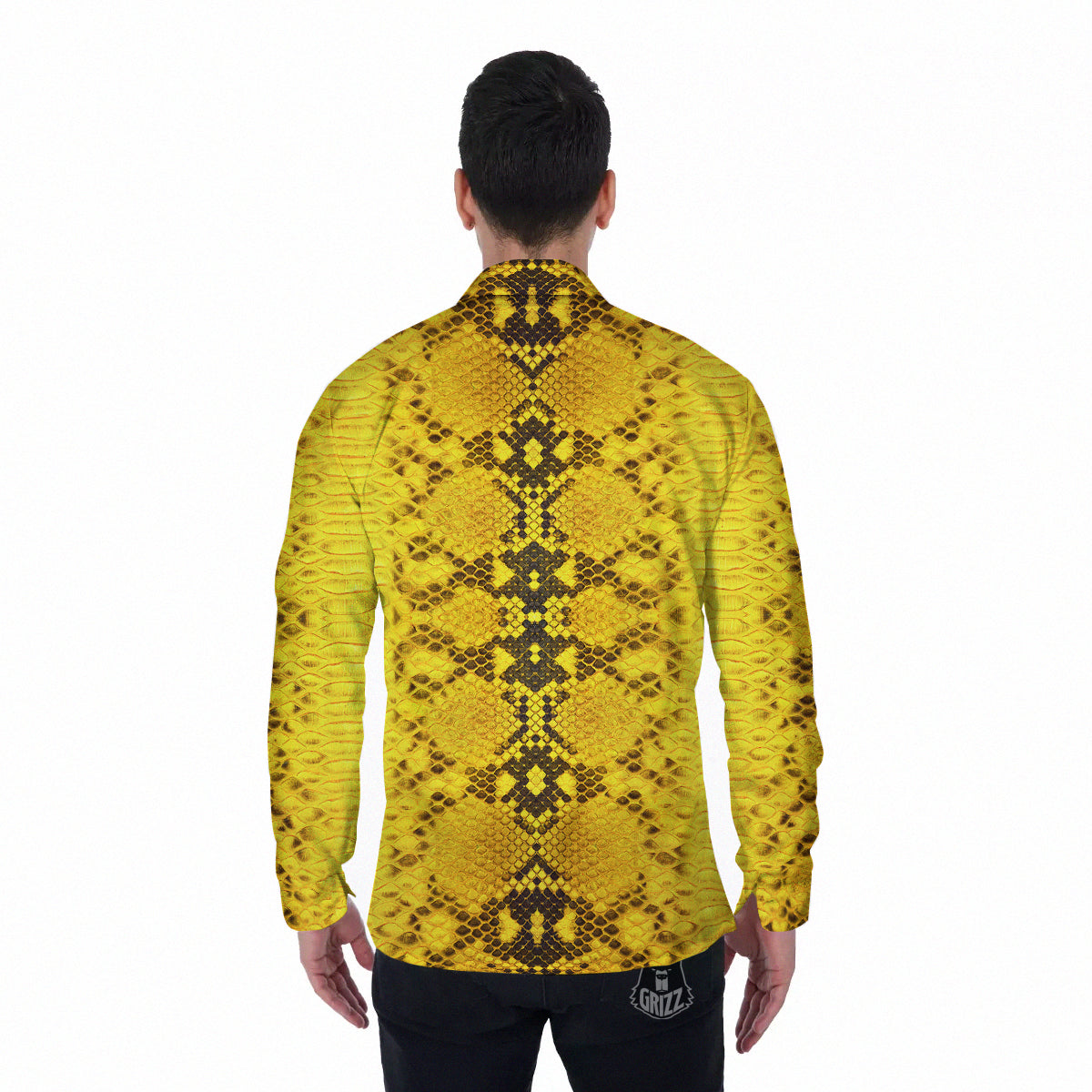 Snake Skin Yellow Print Men's Long Sleeve Shirts-grizzshop