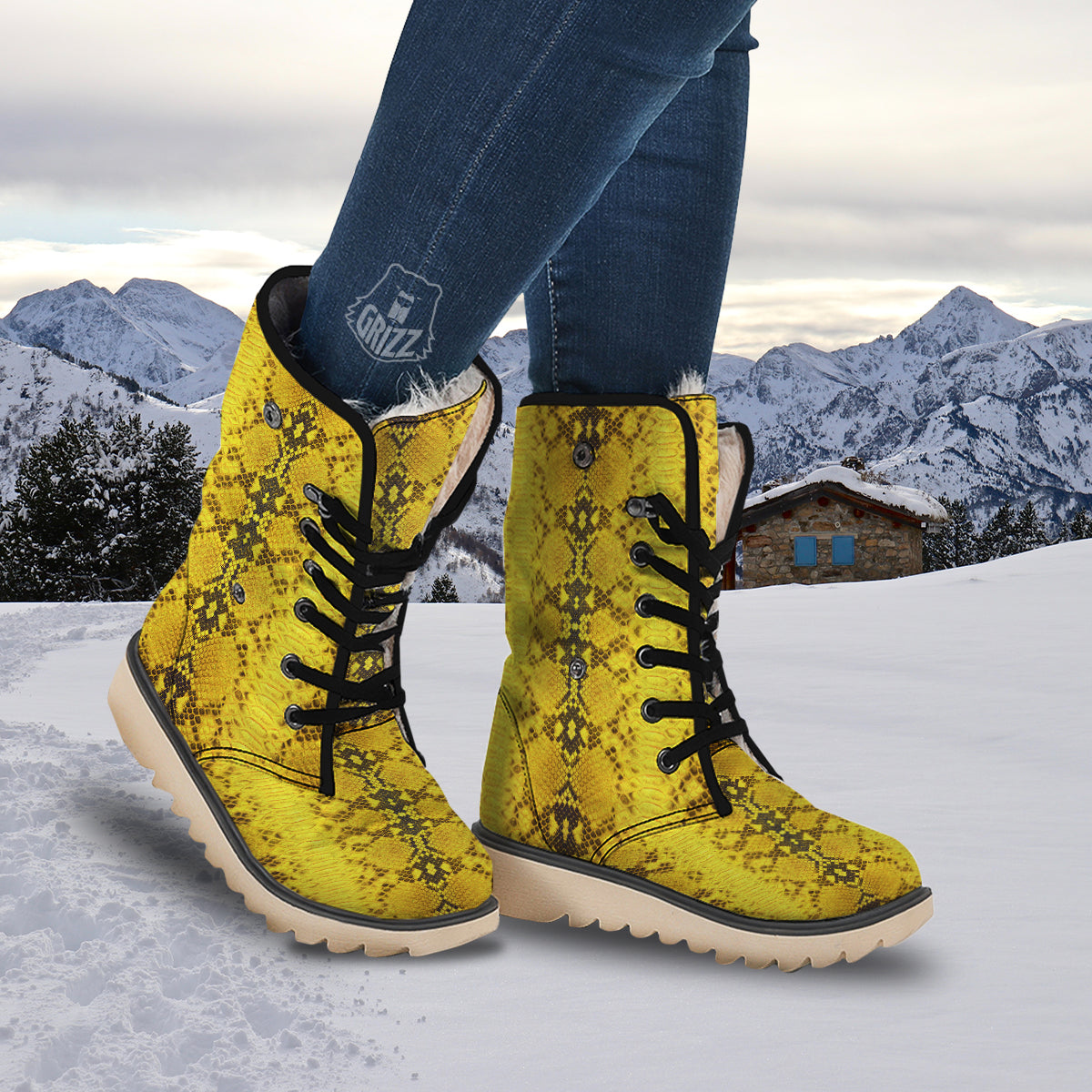 Snake Skin Yellow Print Snow Boots-grizzshop