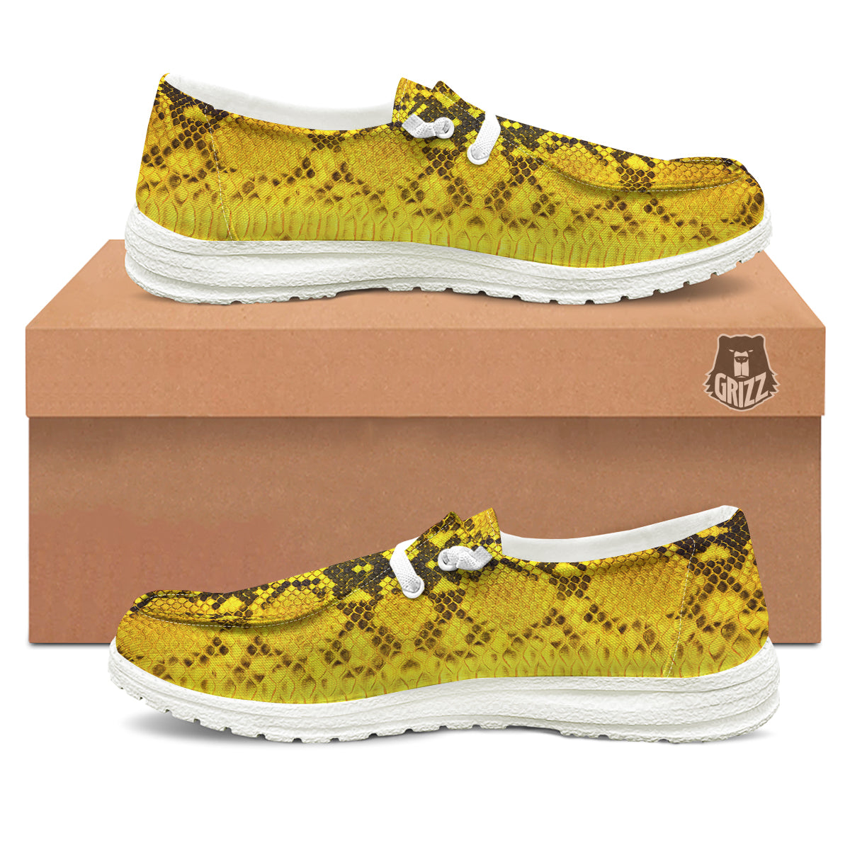 Snake Skin Yellow Print White Loafers-grizzshop