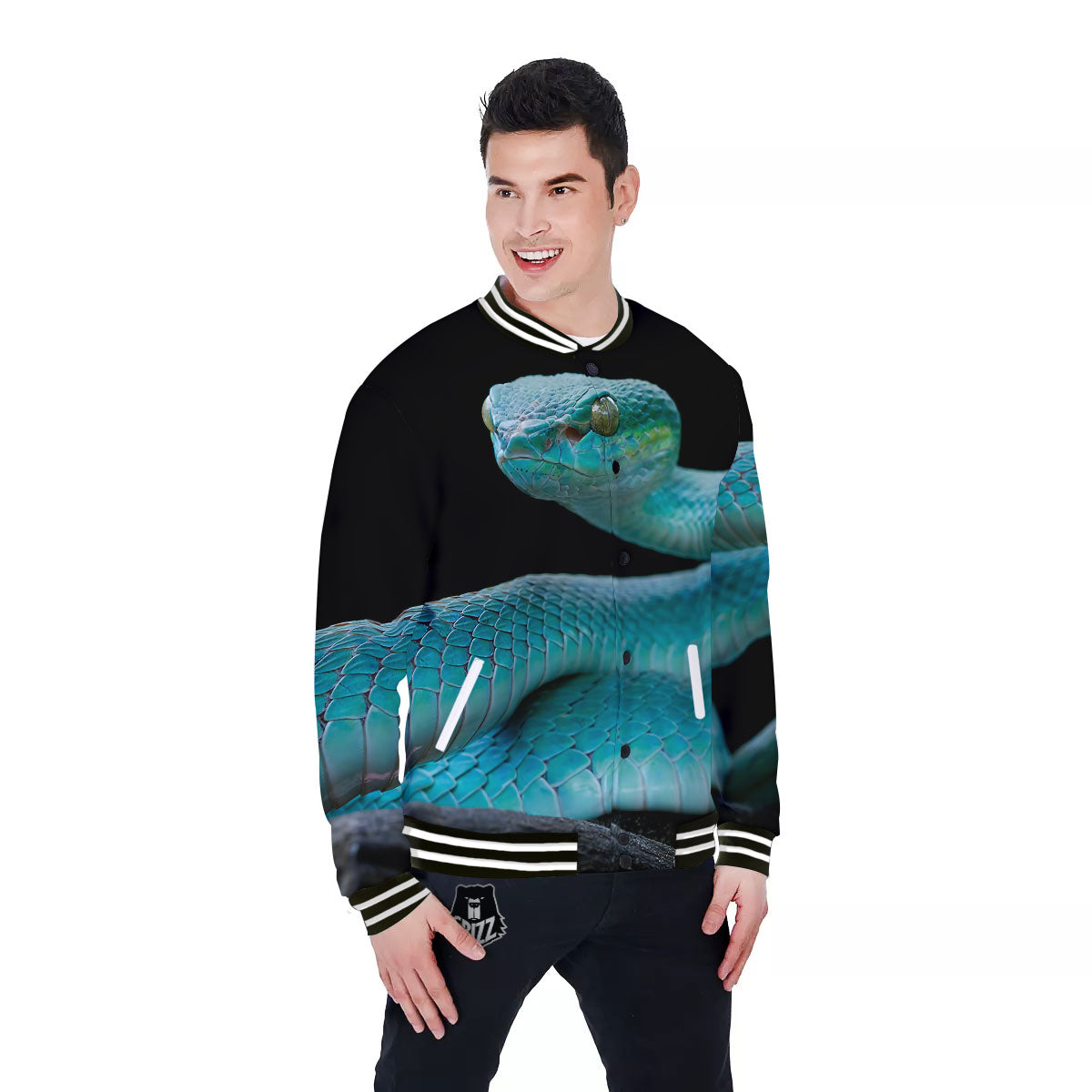 Snake Turquoise Print Baseball Jacket-grizzshop