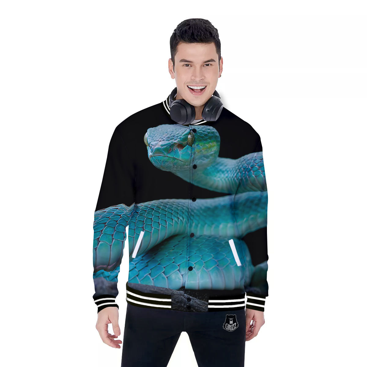 Snake Turquoise Print Baseball Jacket-grizzshop