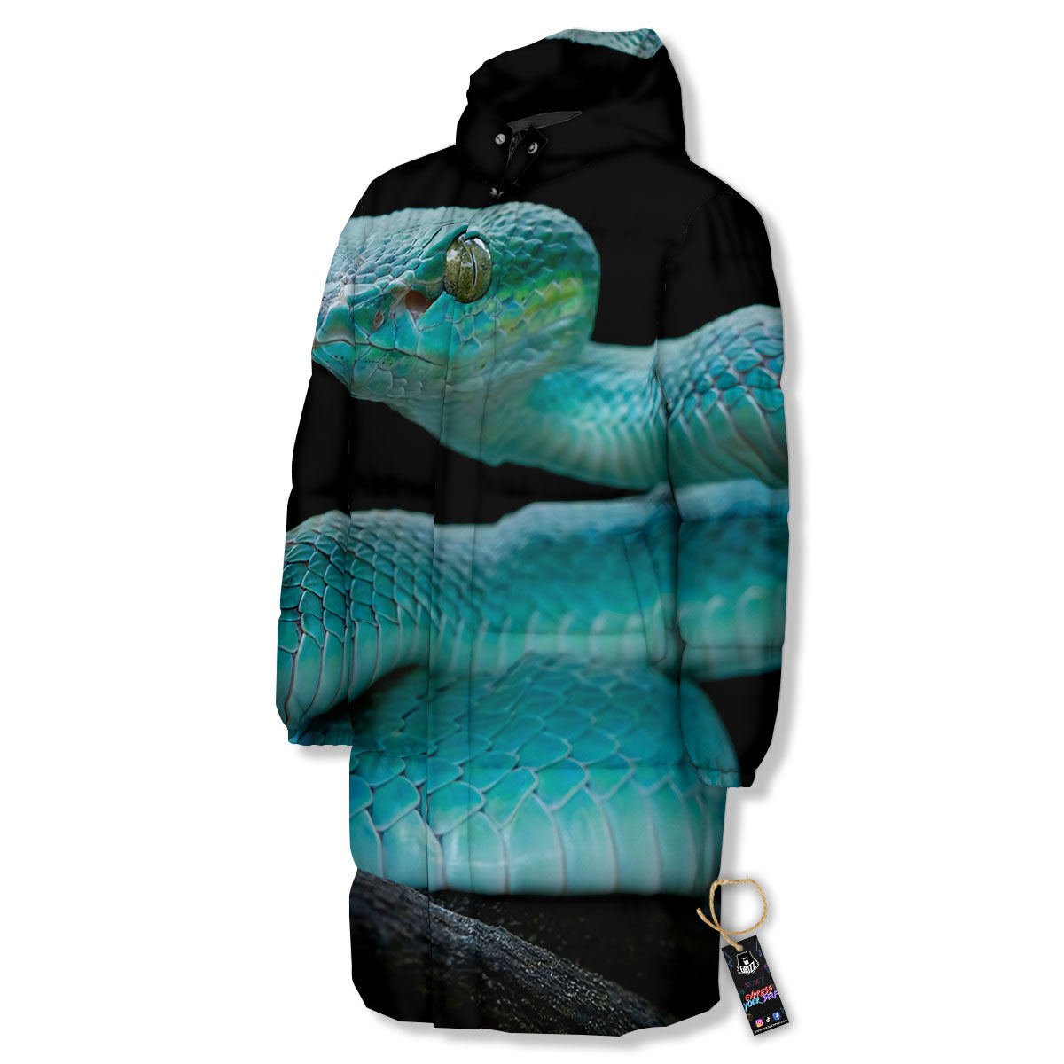 Snake Turquoise Print Long Down Jacket-grizzshop