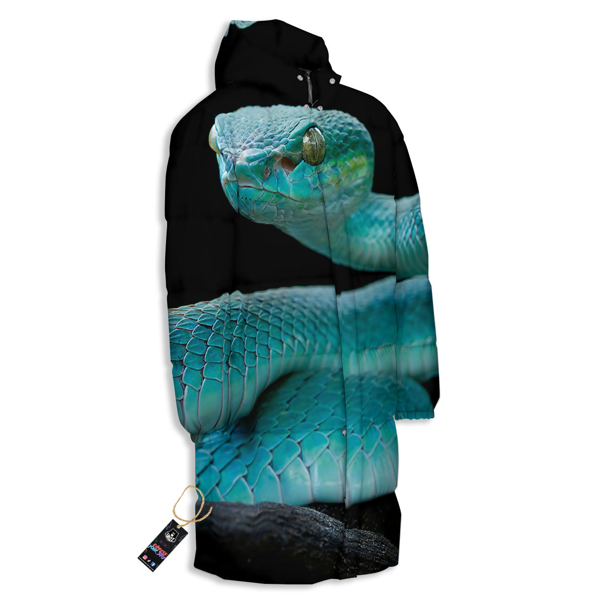 Snake Turquoise Print Long Down Jacket-grizzshop