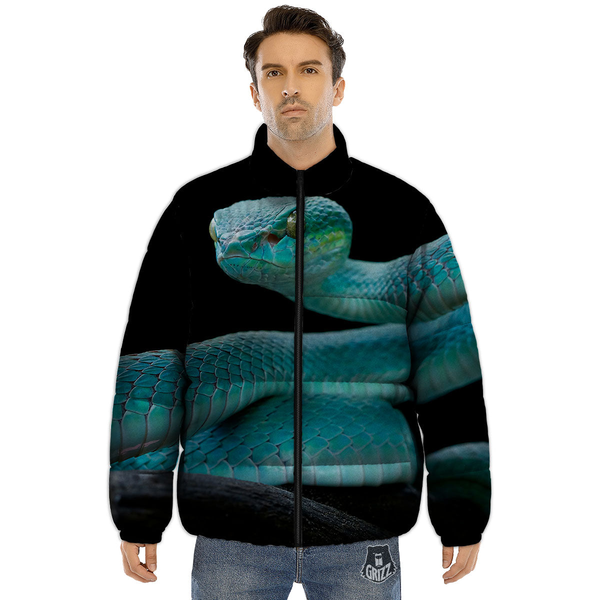 Snake Turquoise Print Puffer Jacket-grizzshop